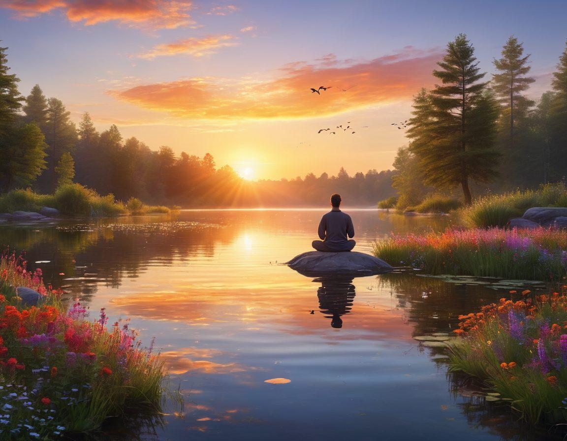 A serene landscape depicting a sunrise over a tranquil lake, with a person meditating on the shore surrounded by vibrant wildflowers. Bright, uplifting colors fill the scene, symbolizing optimism and vitality. Include birds soaring in the sky, and gentle ripples on the water reflecting the morning light. super-realistic. vibrant colors. calm atmosphere.