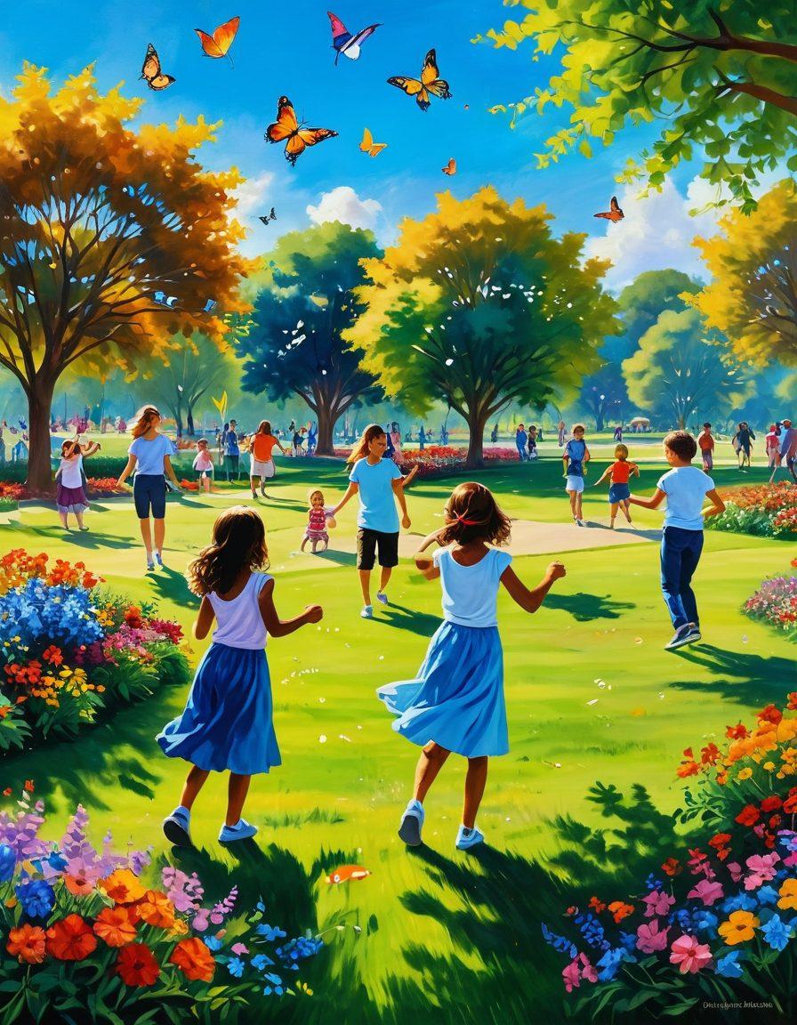 A vibrant, sunlit park scene where people are joyfully engaging in various activities like dancing, picnicking, and playing games, surrounded by colorful flowers and fluttering butterflies. An artist painting the scene, capturing the joy and brightness, while children are flying kites in the background. The sky is a brilliant blue, radiating warmth and happiness. vibrant colors. super-realistic.