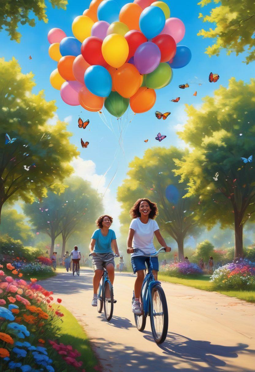 A vibrant scene depicting a diverse group of people joyfully engaging in everyday activities, such as biking, painting, and laughing in a sunlit park. Colorful balloons and butterflies add a sense of whimsy. The background features blooming flowers and a clear blue sky, embodying the essence of happiness and adventure. super-realistic. vibrant colors. cheerful atmosphere.